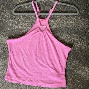 Vintage Terry Cloth Pink Cropped Halter Top w silver embellished heart ring